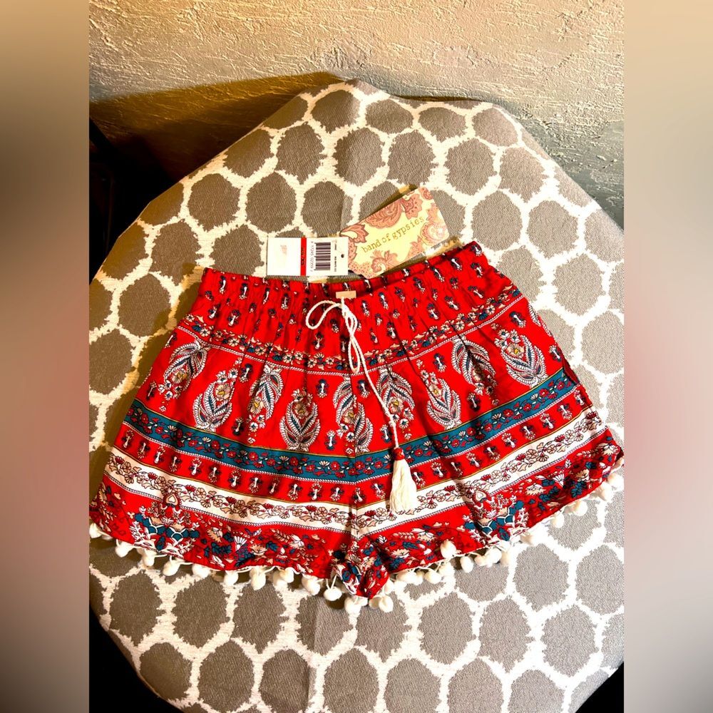 Band of Gypsies NWT Red White Blue Bandana Shorts summer casual pompoms pockets